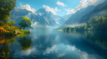 Tranquil Morning Majestic Mountains Reflected in Calm Lake at Dawn