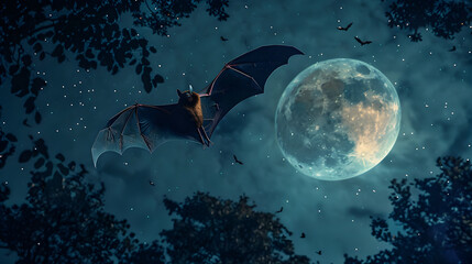 Mystical Night Flight: Bat Soaring through Moonlit Sky Over Silhouetted Trees, Under the Stars