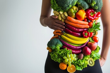 Healthy lifestyle concept with woman wearing vegetables and fruits. Balanced diet and nutrition. Vegetables and fruits for healthy living.