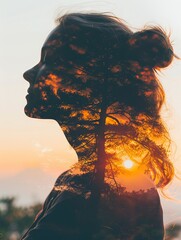 Silhouette of a woman with double exposure effect of a tree and sunset, capturing the essence of nature entwined with human spirit.