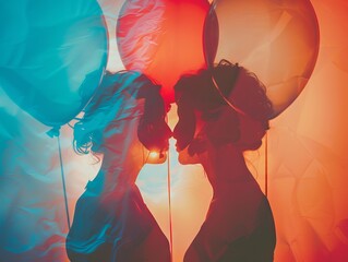 Silhouette of two people with colorful balloons, artistic double exposure, vibrant lighting, emotional connection, dreamlike atmosphere