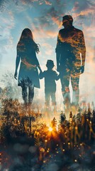 Silhouetted family holding hands, blending with nature's beauty at sunset, representing love, unity, and the great outdoors.