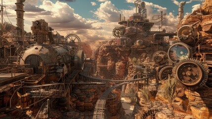 Delve into a world of steampunk wonder with a mesmerizing map showcasing the rugged terrain and industrial marvels of a desert landscape, complete with intricate gears, cogs, 
