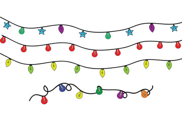 Different types of colorful decorative lights. Light bulbs for festive decoration. Vector illustrations.