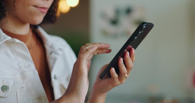 Woman, scrolling and typing on smartphone in home, reading online email or text. Internet, search and browse for information or application notification, connection and communication on tech