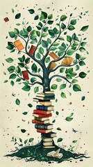 An imaginative depiction of a tree with leaves as books, its branches reaching out to readers below for Book Lover Day