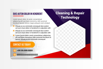 cleaning and repair technology banner. hexagon space for photo. Correction of errors in program, answers to questions from users and customers, consultation. horizonal layout flyer vector illustration