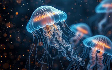 Obraz premium Tranquil scene of jellyfish drifting in azure waters.