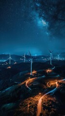 Aerial night shot of a litup wind farm, showing sustainable energy working around the clock