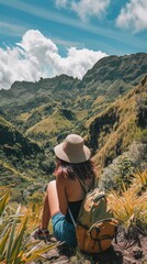 Adventure themed outdoor skincare guide, a blogger demonstrating sun protection essentials while hiking in a breathtaking landscape Fusion of nature and skin health