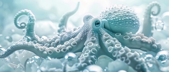 A whimsical snow octopus, tentacles curling playfully, underwater scene with bubbles, copy space above
