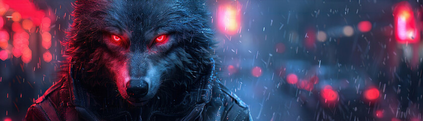 A werewolf with enhanced sensory implants prowling the neon lit streets of a mystical urban landscape