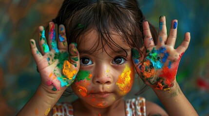 A Small Girl Playing With Colors, Her Hands And Face Covered In Vibrant Paint, Reflecting Her Creative Joy, Hd Images