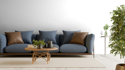 a blue couch with pillows and a table with a potted plant