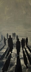 A twilight meeting of shadowy figures on a terrestrial grid, depicting international collaboration