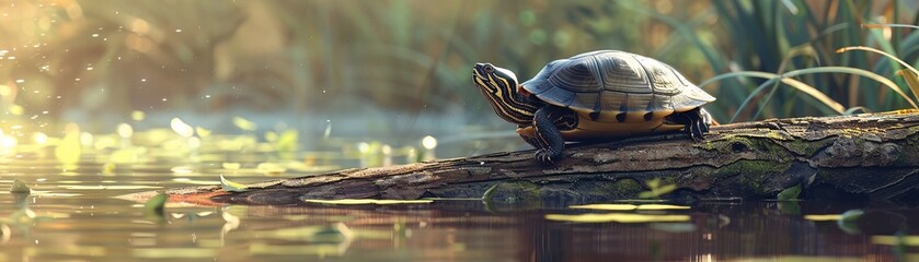 A turtle with the feathers of a duck, basking on a sunlit log in a quiet pond, 3D illustration