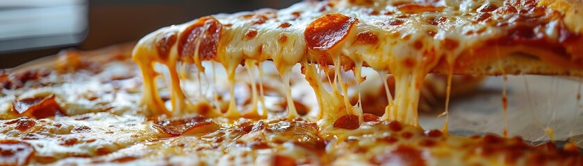 A tray of pizza, where each cheese stretch is a bridge to a bite of heaven, a culinary masterpiece