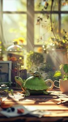 A tiny turtle changing into a smooth, green teapot, brewing comforting herbal teas in a sunlit kitchen
