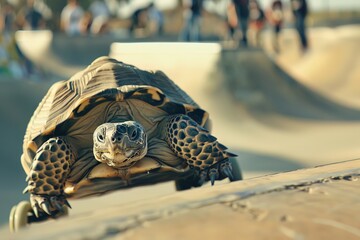 A tortoise with rollerblades, swiftly gliding in a skate park among fastmoving skaters, highlighting the ironic speed