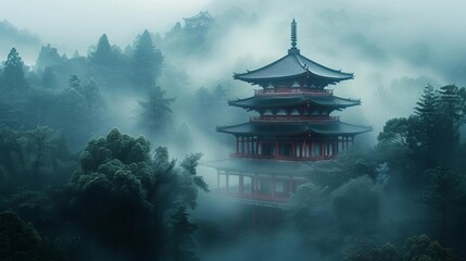 An ancient temple emerges from the mist in a remote mountain range, its origins shrouded in mystery
