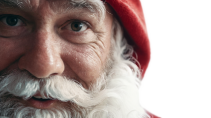 Santa Claus, close-up face, with red bobble hat, white long beard, friendly satisfied face, anticipation and Christmas time winter time