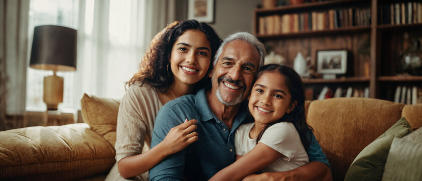 grandpa with his daughter and his granddaughter, happy family, sitting on couch and hugging each other, woman age 34 and kid girl age 6 and grandfather age 60