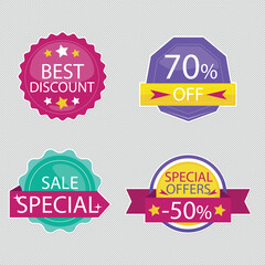 Set of vector red starburst, sunburst badges. Simple flat style vintage labels, stickers with sale discount text. Sale quality tags and labels. Template banner shopping badges