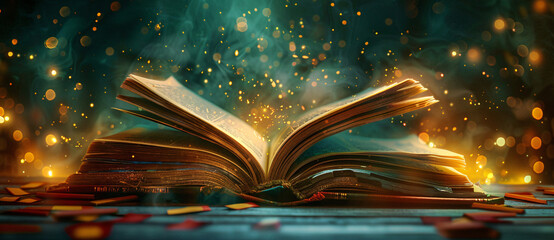 Magic spell book with bokeh blurry background.