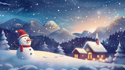 Winter landscape background with snowman