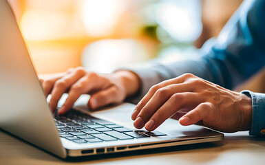 A captivating scene where a person is using a laptop, with a focus on the hands and one hand resting on the trackpad. The softly blurred background creates a warm and bright ambiance.
