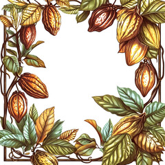 Cacao Plants Frame with Center Space Watercolor Drawing Transparent Background