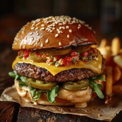 a classic cheese burger loaded with double patty beef, fries, lettuce, tomatoes; all served in a freshly baked burger bun