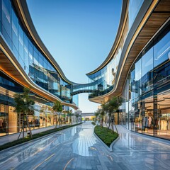 modern shopping center with nice architecture and shinny glass, exterior view