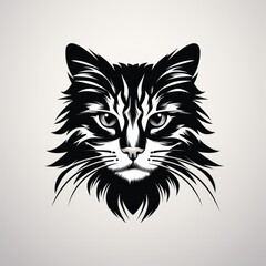 Logo design, Stencil art style, solid silhouette of a cat face, high contrast black and white, white background