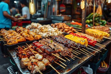 Vibrant Street Food Display in Bangkoks Bustling Outdoor Market