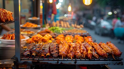 Naklejka premium Vibrant ThaiStyle Grilled Meat Street Stall in Bangkoks Bustling Market