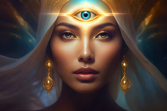 Elegant woman with her third eye awakening, third eye chakra, ajna chakra, clairvoyance, intuition, higher consciousness, higher self, spiritual awakening, chakra activation