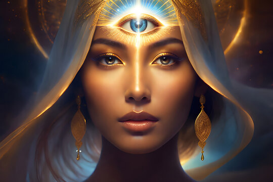 Elegant woman with her third eye awakening, third eye opening, ajna chakra, third eye chakra, divine light, pineal gland third eye, chakra meditation, psychic abilities, clairvoyance