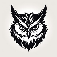 Logo design, Stencil art style, solid silhouette of a owl's face, high contrast black and white, white background