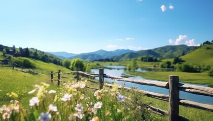 Fototapeta premium A stunning spring day landscaping views of fertile land surrounded beautiful green vegetation, wide stretches of hills and mountains with clear skies in spring