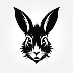 Logo design, Stencil art style, solid silhouette of a rabbit's face, high contrast black and white, white background