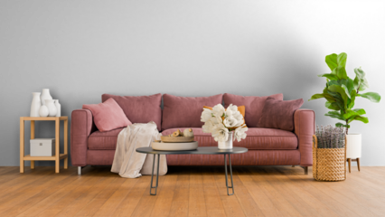 a living room with a pink couch and a plant