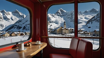 Experience the beauty of winter in the Swiss Alps aboard the Bernina Express, where the snowy landscapes, alpine peaks, and scenic railway create a breathtaking European travel adventure.generative.ai