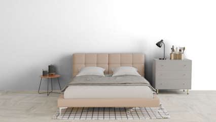 a bed with a beige headboard and a nightstand with a lamp