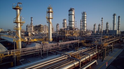 Expansive Petrochemical Factory with Distillation Columns and Storage Tanks, Industrial Piping Systems, and Vibrant Lighting – Ideal for Energy Production and Manufacturing Themes