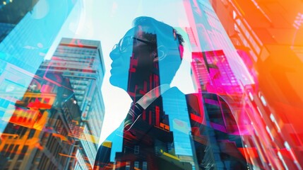 A double exposure photo collage featuring a businesswoman and skyscraper buildings adorned with colorful graphic elements.