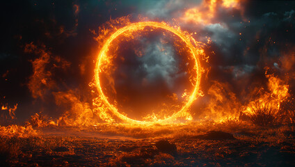 A round portal with ring of fire on a black background
