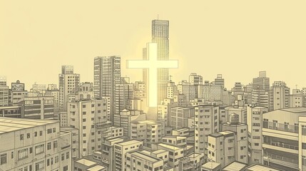 Divine Protection: Jesus Watching Over Modern City, Biblical Illustration Highlighting His Ethereal Presence