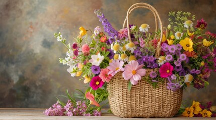 Revel in the beauty of floral arrangements with an image showcasing a gorgeous straw bag filled with a profusion of seasonal flowers, each bloom radiating with vibrant color and life.