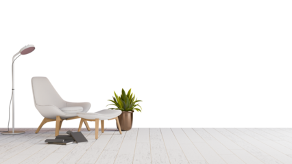 a white chair and a plant on a white floor